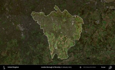 Bromley 'in Londra ilçesi. Birleşik Krallık 'ın idari alanı, Ocak 2025' te çekilen Kopernik Nöbetçi karolarından oluşan koyu renkli bir uydu görüntüsü üzerinde vurgulandı ve özetlendi.