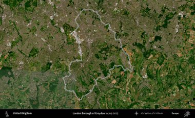 Croydon 'un Londra ilçesi. Temmuz 2023 'te çekilen Copernicus Sentinel karolarından oluşan bir uydu görüntüsü üzerinde Birleşik Krallık' ın idari bölgesinin ana hatlarını belirledik.