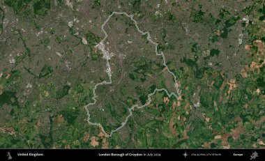 Croydon 'un Londra ilçesi. Temmuz 2024 'te çekilen Copernicus Sentinel karolarından oluşan bir uydu görüntüsü üzerinde Birleşik Krallık' ın idari bölgesinin ana hatlarını belirledik.