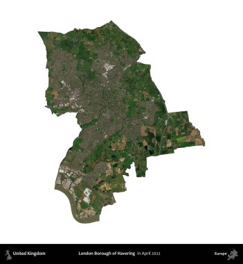 Londra Havering İlçesi. Birleşik Krallık 'ın idari alanı, Nisan 2022' de çekilen Kopernik Nöbetçi karolarından oluşan bir uydu görüntüsü ile beyaza izole edilmiştir.