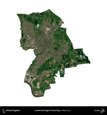 Londra Havering İlçesi. Birleşik Krallık 'ın idari alanı, Mayıs 2023' te çekilen Kopernik Nöbetçi karolarından oluşan bir uydu görüntüsü üzerinde beyaza izole edilmiştir.