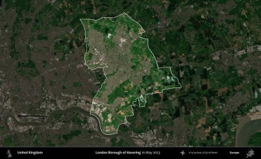 Londra Havering İlçesi. Birleşik Krallık 'ın idari alanı, Mayıs 2023' te çekilen Kopernik Nöbetçi karolarından oluşan koyu renkli bir uydu görüntüsü üzerinde vurgulandı ve özetlendi.