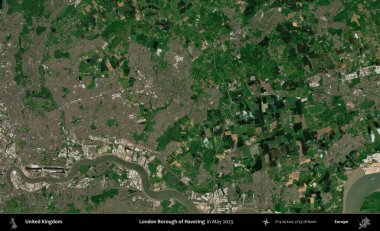 Londra Havering İlçesi. Mayıs 2023 'te Copernicus Sentinel karolarından oluşan bir uydu görüntüsü üzerinde Birleşik Krallık' ın idari alanı