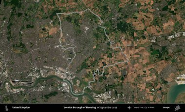Londra Havering İlçesi. Eylül 2024 'te çekilen Kopernik Nöbetçi karolarından oluşan bir uydu görüntüsü üzerinde Birleşik Krallık' ın idari bölgesinin ana hatlarını belirledik.