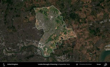 Londra Havering İlçesi. Birleşik Krallık 'ın idari alanı, Eylül 2024' te çekilen Kopernik Nöbetçi karolarından oluşan koyu renkli bir uydu görüntüsü üzerinde vurgulandı ve özetlendi.