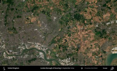 Londra Havering İlçesi. Eylül 2024 'te Copernicus Sentinel karolarından oluşan bir uydu görüntüsü üzerinde Birleşik Krallık' ın idari alanı