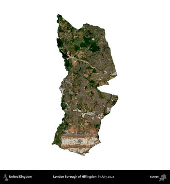 Londra Hillingdon İlçesi. Birleşik Krallık 'ın idari alanı, Temmuz 2022' de çekilen Kopernik Nöbetçi karolarından oluşan bir uydu görüntüsüyle beyaza izole edildi.
