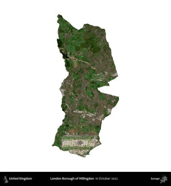 Londra Hillingdon İlçesi. Birleşik Krallık 'ın idari alanı, Ekim 2022' de çekilen Kopernik Nöbetçi karolarından oluşan bir uydu görüntüsüyle beyaza izole edildi.