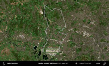 Londra Hillingdon İlçesi. Ekim 2022 'de çekilen Kopernik Nöbetçi karolarından oluşan bir uydu görüntüsü üzerinde Birleşik Krallık' ın idari alanının ana hatlarını belirledik.