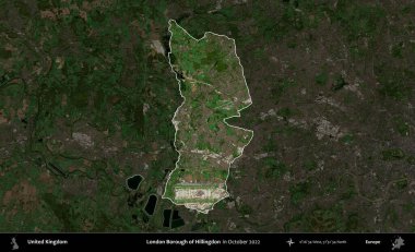 Londra Hillingdon İlçesi. Birleşik Krallık 'ın idari alanı, Ekim 2022' de çekilen Kopernik Nöbetçi karolarından oluşan koyu renkli bir uydu görüntüsü üzerinde vurgulandı ve özetlendi.