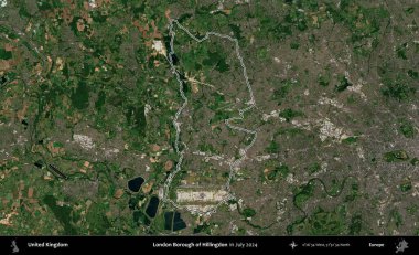 Londra Hillingdon İlçesi. Temmuz 2024 'te çekilen Copernicus Sentinel karolarından oluşan bir uydu görüntüsü üzerinde Birleşik Krallık' ın idari bölgesinin ana hatlarını belirledik.