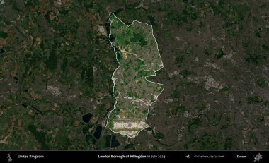 Londra Hillingdon İlçesi. Birleşik Krallık 'ın idari alanı, Temmuz 2024' te çekilen Kopernik Nöbetçi karolarından oluşan koyu renkli bir uydu görüntüsü üzerinde vurgulandı ve özetlendi.