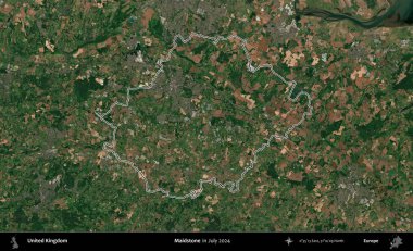 Maidstone. Temmuz 2024 'te çekilen Copernicus Sentinel karolarından oluşan bir uydu görüntüsü üzerinde Birleşik Krallık' ın idari bölgesinin ana hatlarını belirledik.