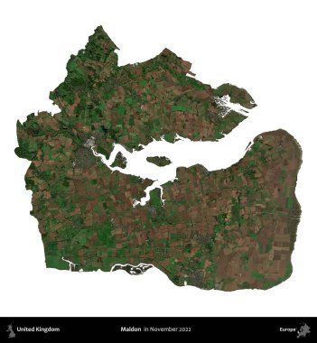 Maldon. Birleşik Krallık 'ın idari alanı, Kasım 2022' de çekilen Kopernik Nöbetçi karolarından oluşan bir uydu görüntüsü üzerinde beyaza izole edilmiştir.