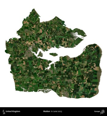 Maldon. Birleşik Krallık 'ın idari alanı, Haziran 2023' te çekilen Kopernik Nöbetçi karolarından oluşan bir uydu görüntüsü üzerinde beyaza izole edilmiştir.