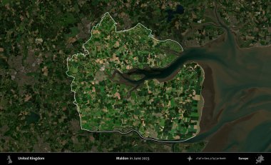 Maldon. Birleşik Krallık 'ın idari alanı, Haziran 2023' te çekilen Kopernik Nöbetçi karolarından oluşan koyu renkli bir uydu görüntüsüyle vurgulanmış ve özetlenmiştir.