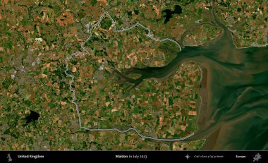 Maldon. Temmuz 2023 'te çekilen Copernicus Sentinel karolarından oluşan bir uydu görüntüsü üzerinde Birleşik Krallık' ın idari bölgesinin ana hatlarını belirledik.