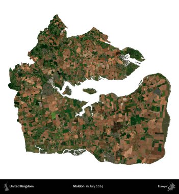 Maldon. Birleşik Krallık 'ın idari alanı, Temmuz 2024' te çekilen Kopernik Nöbetçi karolarından oluşan bir uydu görüntüsü ile beyaza izole edilmiştir.