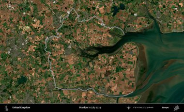 Maldon. Temmuz 2024 'te çekilen Copernicus Sentinel karolarından oluşan bir uydu görüntüsü üzerinde Birleşik Krallık' ın idari bölgesinin ana hatlarını belirledik.