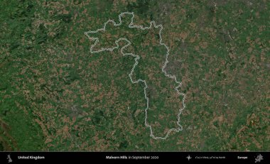 Malvern Tepeleri. Eylül 2020 'de çekilen Kopernik Nöbetçi karolarından oluşan bir uydu görüntüsü üzerinde Birleşik Krallık' ın idari bölgesini özetledik.