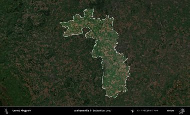 Malvern Tepeleri. Birleşik Krallık 'ın idari alanı, Eylül 2020' de çekilen Kopernik Nöbetçi karolarından oluşan koyu renkli bir uydu görüntüsü üzerinde vurgulandı ve özetlendi.