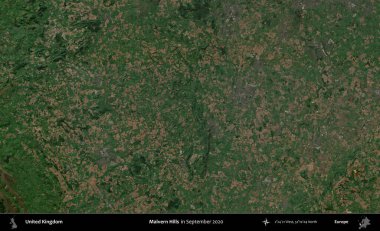 Malvern Tepeleri. Eylül 2020 'de Copernicus Sentinel karolarından oluşan bir uydu görüntüsü üzerinde Birleşik Krallık' ın idari alanı