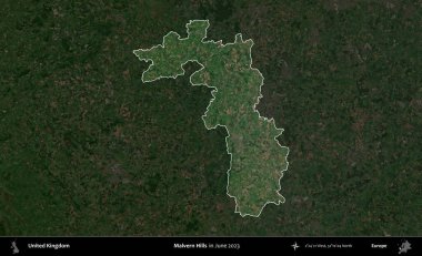 Malvern Tepeleri. Birleşik Krallık 'ın idari alanı, Haziran 2023' te çekilen Kopernik Nöbetçi karolarından oluşan koyu renkli bir uydu görüntüsüyle vurgulanmış ve özetlenmiştir.