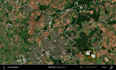 Mansfield. Ağustos 2024 'te çekilen Kopernik Nöbetçi karolarından oluşan bir uydu görüntüsü üzerinde Birleşik Krallık' ın idari bölgesinin ana hatlarını belirledik.