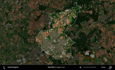 Mansfield. Birleşik Krallık 'ın idari alanı, Ağustos 2024' te çekilen Kopernik Nöbetçi karolarından oluşan koyu renkli bir uydu görüntüsü üzerinde vurgulandı ve özetlendi.