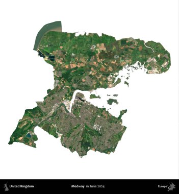 Medway. Birleşik Krallık 'ın idari alanı, Haziran 2024' te çekilen Kopernik Nöbetçi karolarından oluşan bir uydu görüntüsüyle beyaza izole edilmiştir.