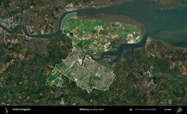Medway. Birleşik Krallık 'ın idari alanı, Haziran 2024' te çekilen Kopernik Nöbetçi karolarından oluşan koyu renkli bir uydu görüntüsü üzerinde vurgulandı ve özetlendi.