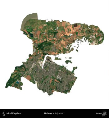 Medway. Birleşik Krallık 'ın idari alanı, Temmuz 2024' te çekilen Kopernik Nöbetçi karolarından oluşan bir uydu görüntüsü ile beyaza izole edilmiştir.