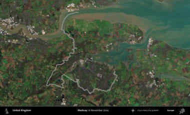 Medway. Kasım 2024 'te çekilen Kopernik Nöbetçi karolarından oluşan bir uydu görüntüsü üzerinde Birleşik Krallık' ın idari bölgesinin ana hatlarını belirledik.