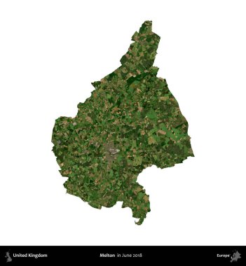 Melton. Birleşik Krallık 'ın idari alanı, Haziran 2018' de çekilen Kopernik Nöbetçi karolarından oluşan bir uydu görüntüsüyle beyaza izole edilmiştir.