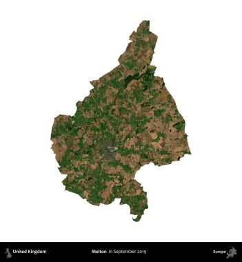 Melton. Birleşik Krallık 'ın idari alanı, Eylül 2019' da çekilen Kopernik Nöbetçi karolarından oluşan bir uydu görüntüsü üzerinde beyaza izole edilmiştir.
