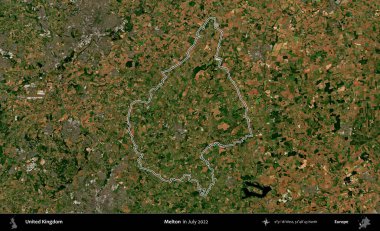 Melton. Temmuz 2022 'de çekilen Copernicus Sentinel karolarından oluşan bir uydu görüntüsü üzerinde Birleşik Krallık' ın idari bölgesinin ana hatlarını belirledik.