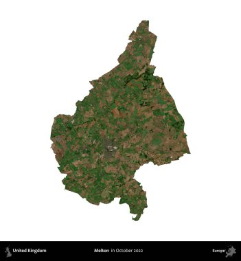 Melton. Birleşik Krallık 'ın idari alanı, Ekim 2022' de çekilen Kopernik Nöbetçi karolarından oluşan bir uydu görüntüsüyle beyaza izole edildi.
