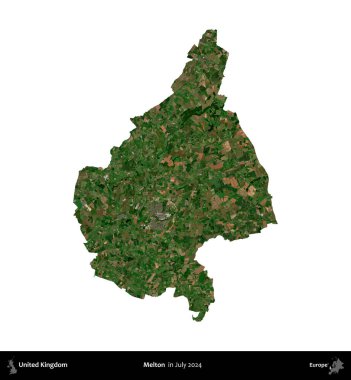 Melton. Birleşik Krallık 'ın idari alanı, Temmuz 2024' te çekilen Kopernik Nöbetçi karolarından oluşan bir uydu görüntüsü ile beyaza izole edilmiştir.