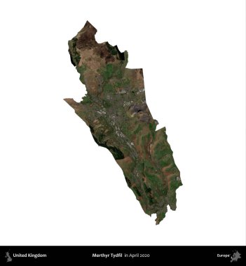 Merthyr Tydfil. Birleşik Krallık 'ın idari alanı, Nisan 2020' de çekilen Kopernik Nöbetçi karolarından oluşan bir uydu görüntüsü üzerinde beyaza izole edilmiştir.
