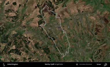 Merthyr Tydfil. Nisan 2020 'de çekilen Kopernik Nöbetçi karolarından oluşan bir uydu görüntüsü üzerinde Birleşik Krallık' ın idari alanının ana hatlarını belirledik.