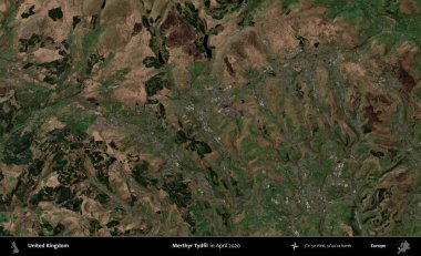 Merthyr Tydfil. Nisan 2020 'de çekilen Kopernik Nöbetçi karolarından oluşan bir uydu görüntüsü üzerinde Birleşik Krallık' ın idari alanı