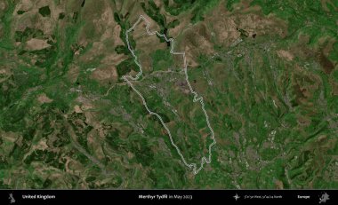 Merthyr Tydfil. Mayıs 2023 'te çekilen Copernicus Sentinel karolarından oluşan bir uydu görüntüsü üzerinde Birleşik Krallık' ın idari alanının ana hatlarını belirledik.