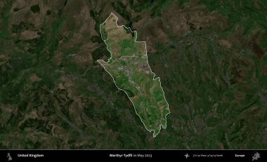 Merthyr Tydfil. Birleşik Krallık 'ın idari alanı, Mayıs 2023' te çekilen Kopernik Nöbetçi karolarından oluşan koyu renkli bir uydu görüntüsü üzerinde vurgulandı ve özetlendi.