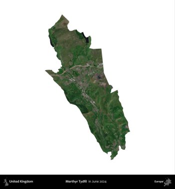 Merthyr Tydfil. Birleşik Krallık 'ın idari alanı, Haziran 2024' te çekilen Kopernik Nöbetçi karolarından oluşan bir uydu görüntüsüyle beyaza izole edilmiştir.