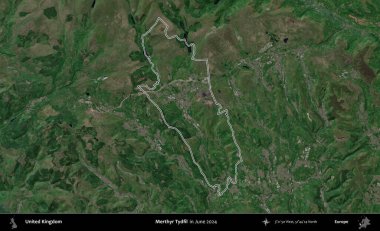 Merthyr Tydfil. Haziran 2024 'te çekilen Kopernik Nöbetçi karolarından oluşan bir uydu görüntüsü üzerinde Birleşik Krallık' ın idari alanının ana hatlarını belirledik.