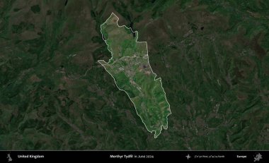 Merthyr Tydfil. Birleşik Krallık 'ın idari alanı, Haziran 2024' te çekilen Kopernik Nöbetçi karolarından oluşan koyu renkli bir uydu görüntüsü üzerinde vurgulandı ve özetlendi.