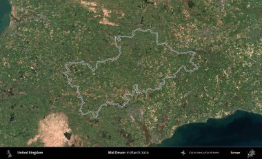 Devon 'ın ortası. Mart 2020 'de çekilen Copernicus Sentinel karolarından oluşan bir uydu görüntüsü üzerinde Birleşik Krallık' ın idari bölgesinin ana hatlarını belirledik.