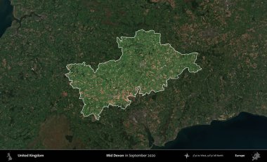 Devon 'ın ortası. Birleşik Krallık 'ın idari alanı, Eylül 2020' de çekilen Kopernik Nöbetçi karolarından oluşan koyu renkli bir uydu görüntüsü üzerinde vurgulandı ve özetlendi.