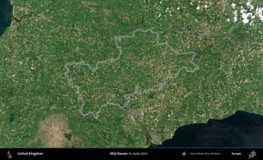 Devon 'ın ortası. Haziran 2021 'de çekilen Kopernik Nöbetçi karolarından oluşan bir uydu görüntüsü üzerinde Birleşik Krallık' ın idari alanının ana hatlarını belirledik.