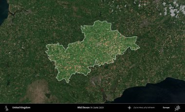Devon 'ın ortası. Birleşik Krallık 'ın idari alanı, Haziran 2021' de çekilen Kopernik Nöbetçi karolarından oluşan koyu renkli bir uydu görüntüsü üzerinde vurgulandı ve özetlendi.